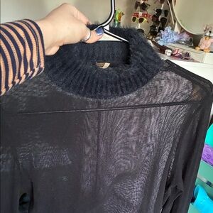 Black Turtleneck Sheer Knit Women's Sweater